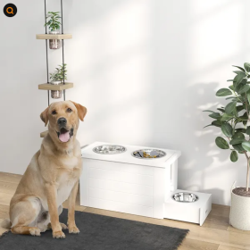 Elevated Dog Bowls With Slow Feeder Mat, Storage Cabinet, 3 Stainless Steel Bowls For Large & Extra Large Dogs, White (Option: White)